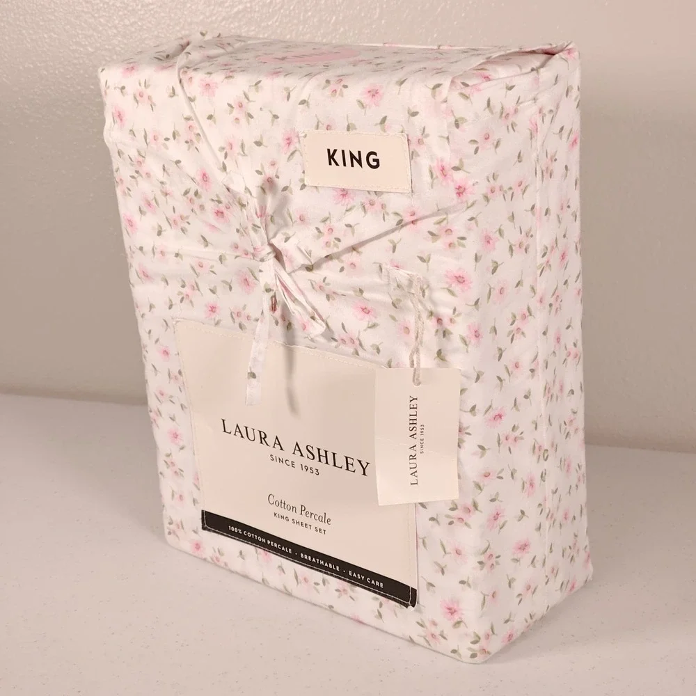 New LAURA ASHLEY King Sheet Set Little Ditsy Pink Floral Cotton Percale 4-Piece